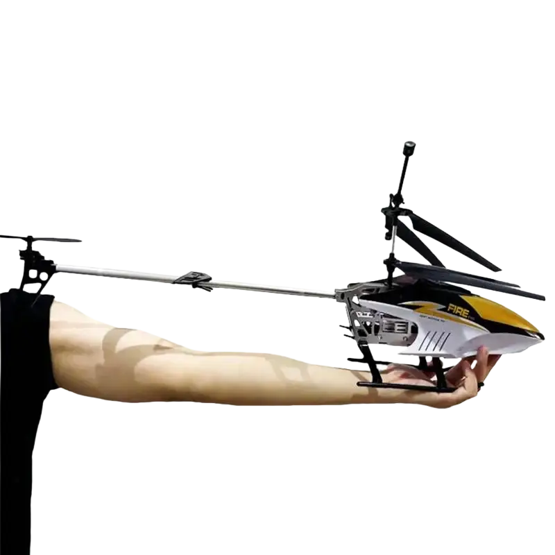 Large remote control helicopter 80cm with sleek white and yellow metallic frame, black rotor blades, and fire design, ideal for long flight time