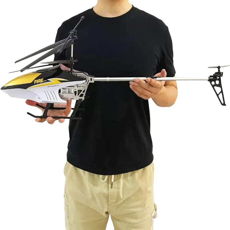 Large remote control helicopter 80cm in yellow and white with black rotor blades featuring optimized charging time and flight time