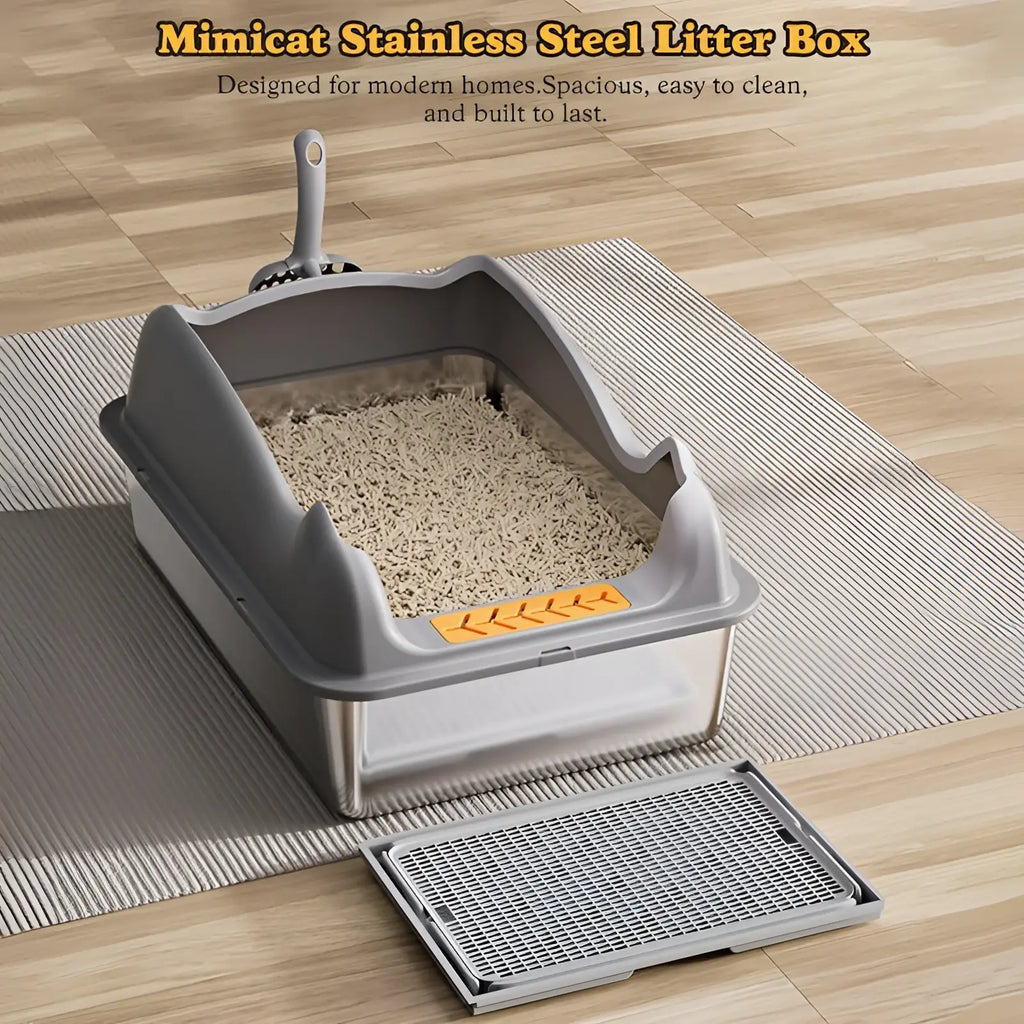 Large stainless steel cat litter box in gray with stainless steel and orange accent featuring a sleek modern design