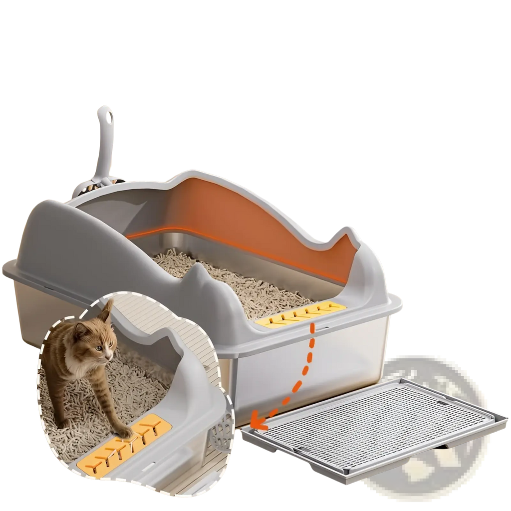 Large stainless steel cat litter box in gray and orange with high walls anti-tracking step and removable tray