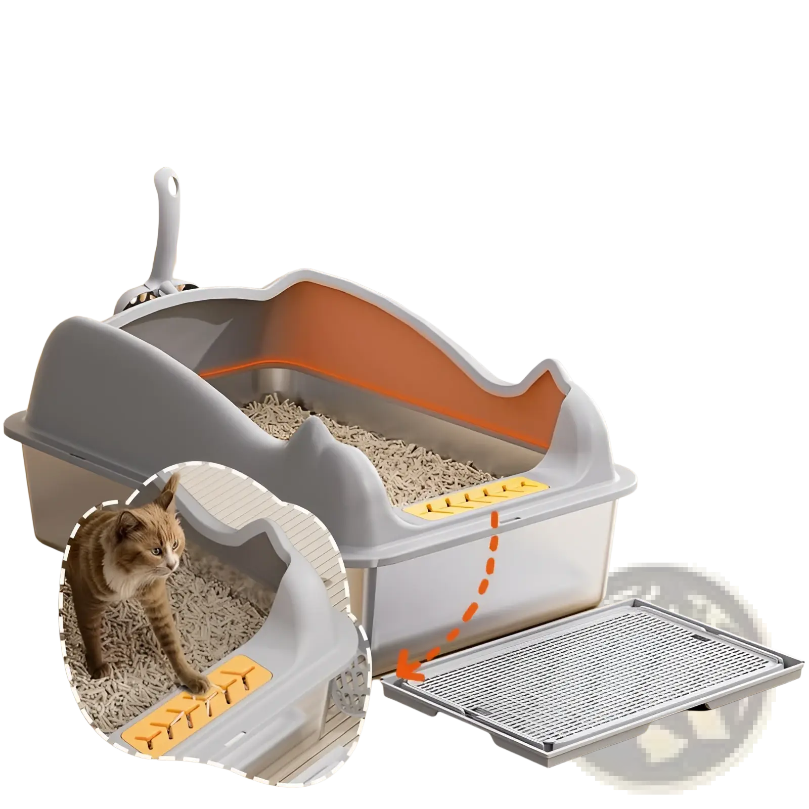Large stainless steel cat litter box in gray and orange with high walls anti-tracking step and removable tray