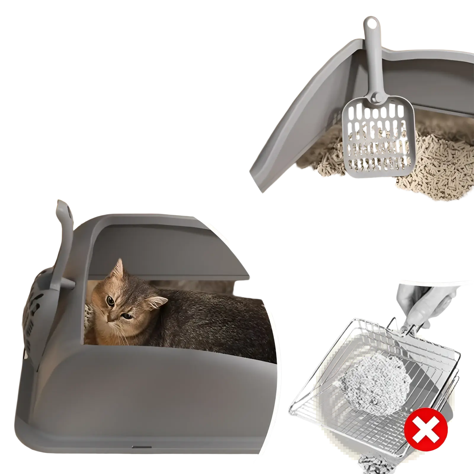 Gray plastic cat litter scoop with flexible perforated head and ergonomic handle for large stainless steel cat litter box