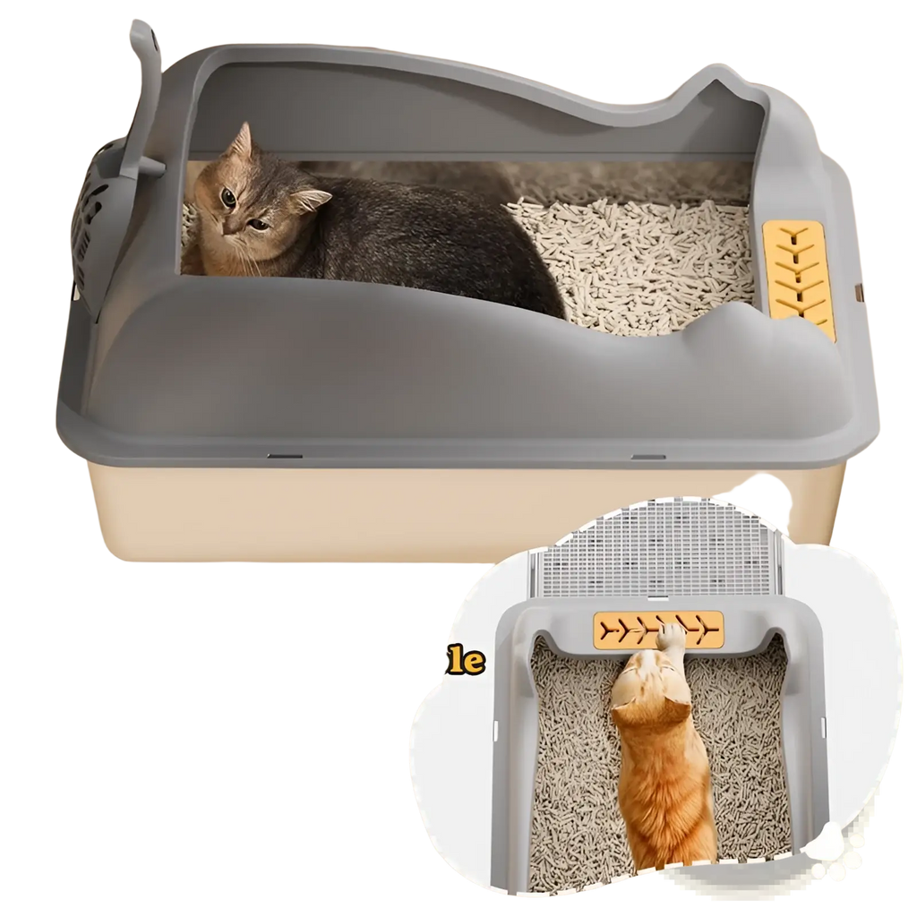 Large stainless steel cat litter box with gray plastic body yellow textured side panels hinged lid and integrated ramp