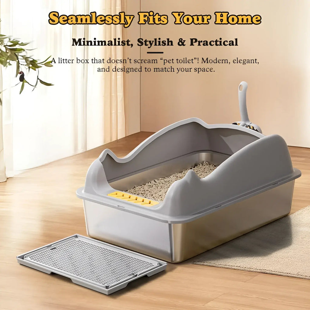 Large stainless steel cat litter box with gray plastic construction and yellow accent on the front edge