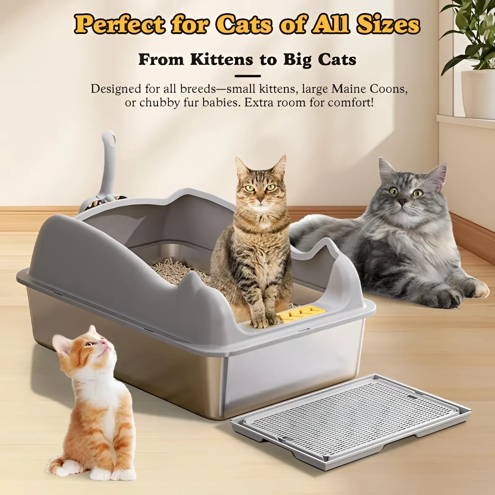 Large stainless steel cat litter box in gray plastic with raised front edge side handles and removable grated tray