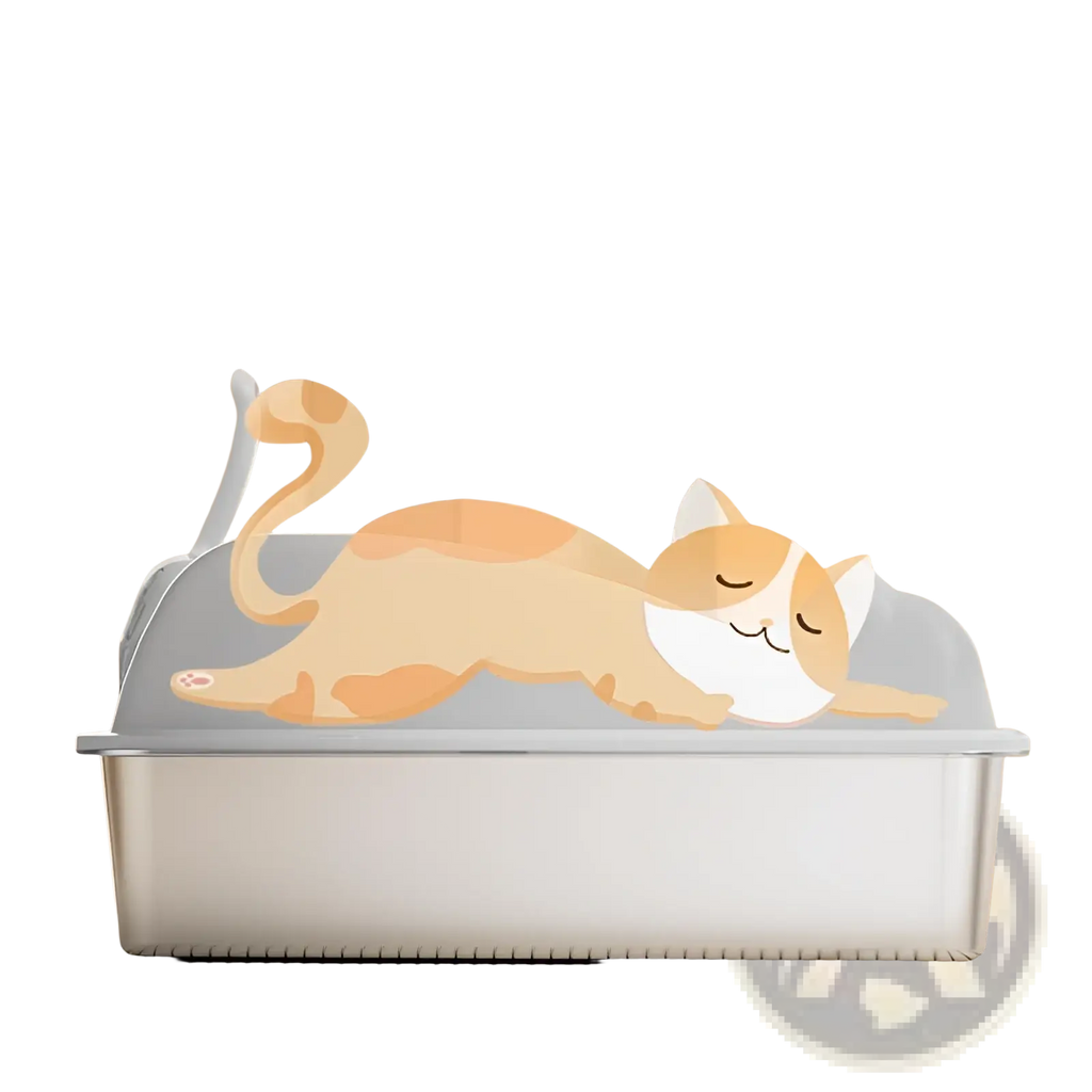 Large stainless steel cat litter box in sleek silver with a soft orange and white cat design on the lid