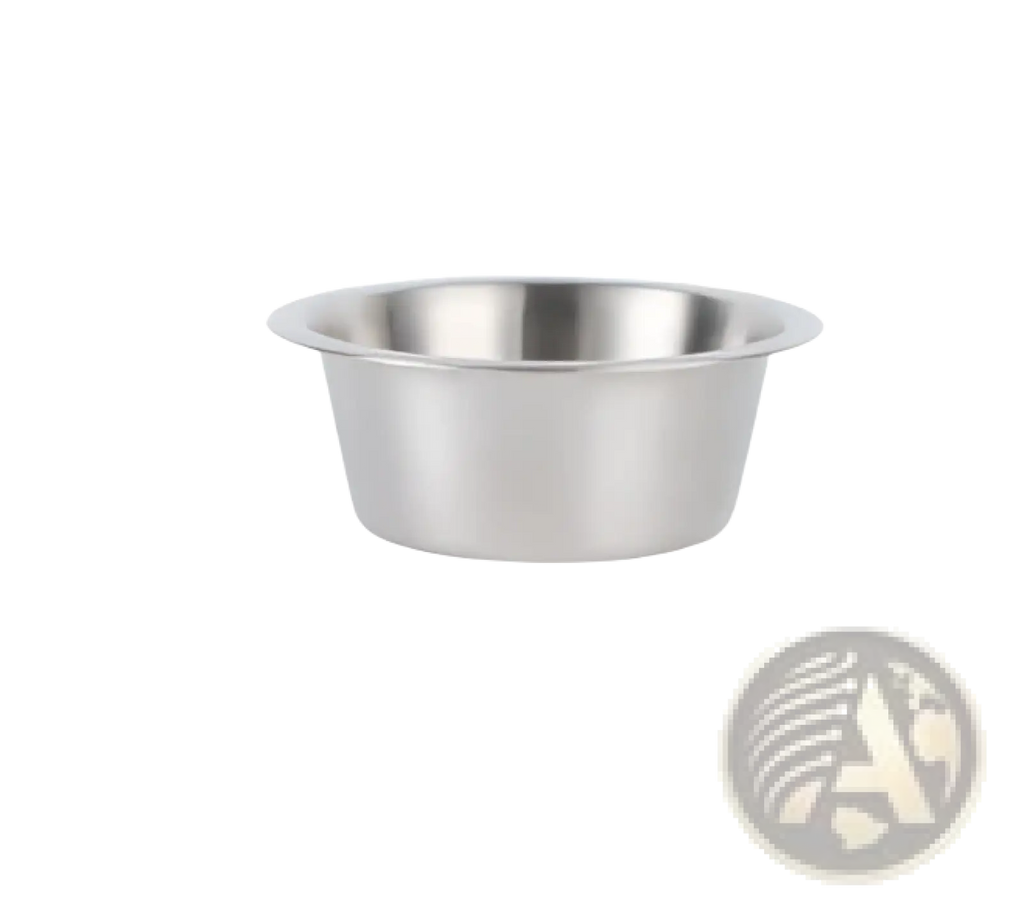 A large stainless steel pet water bowl with a sleek polished finish and precise measurement markings