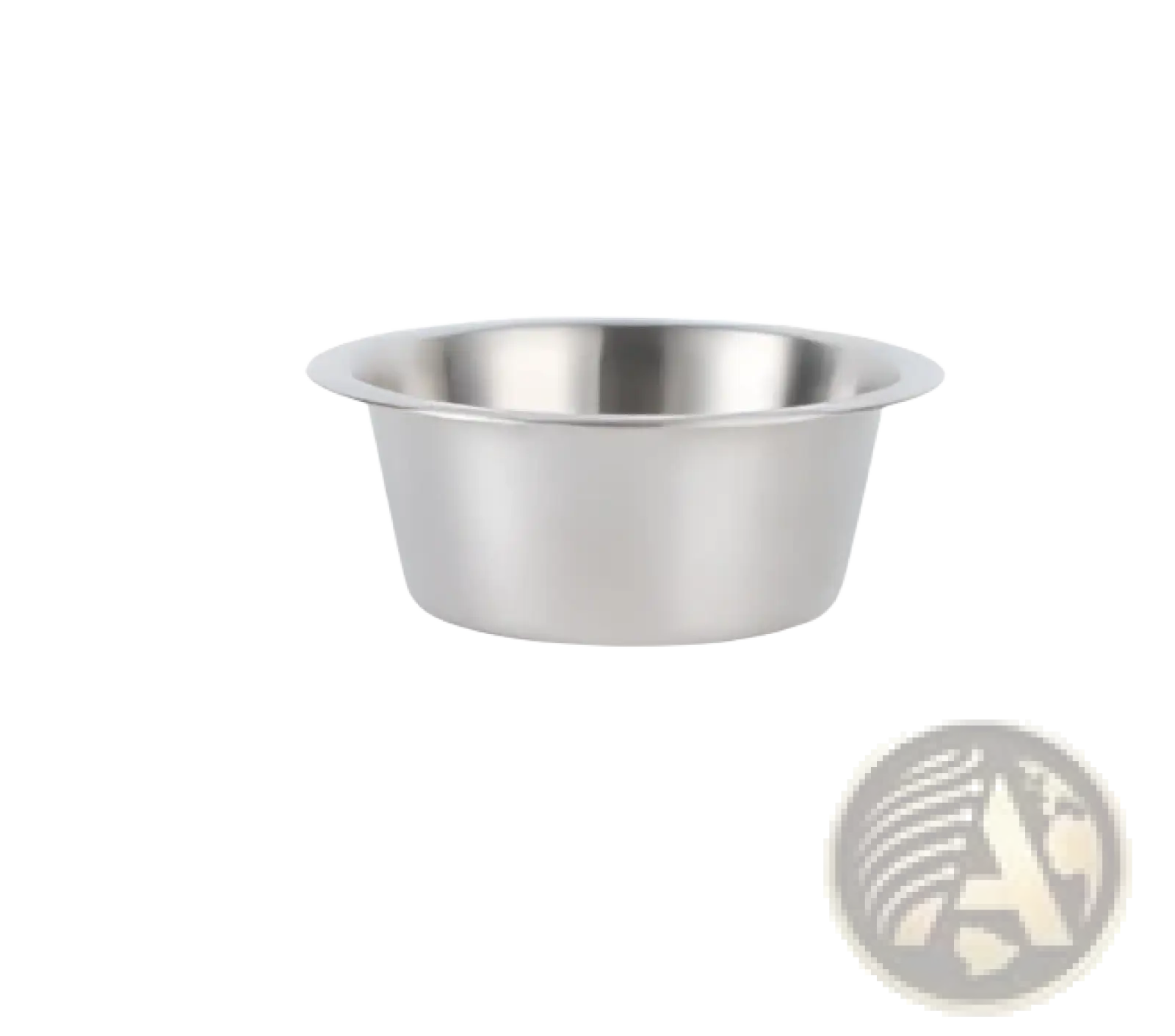 A large stainless steel pet water bowl with a sleek polished finish and precise measurement markings