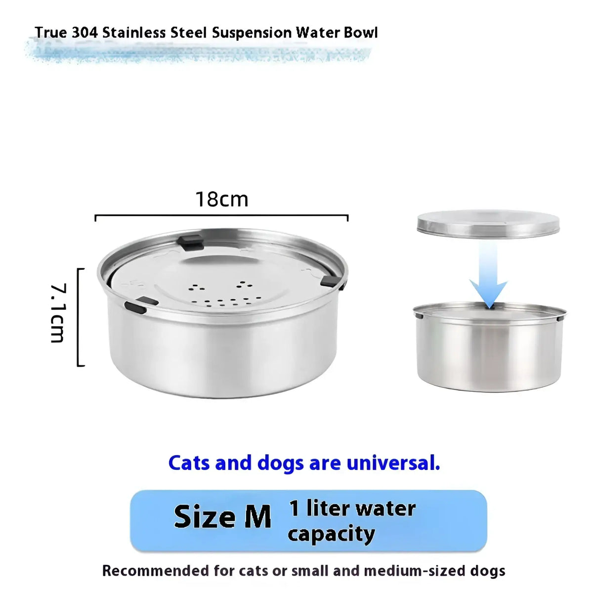 Large stainless steel pet water bowl in sleek silver true 304 stainless steel with perforated lid and black rubber gaskets