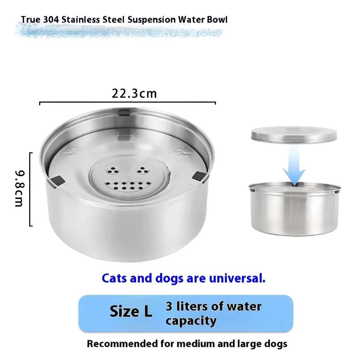 Large stainless steel pet water bowl with sleek suspension design, matching lid, and perforated base for durability