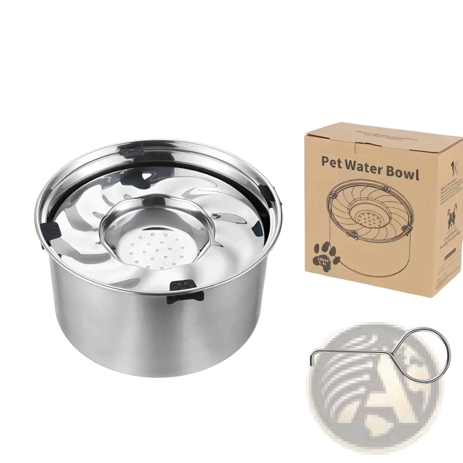 Large stainless steel pet water bowl with sleek reflective finish and perforated inner basin for slow drinking