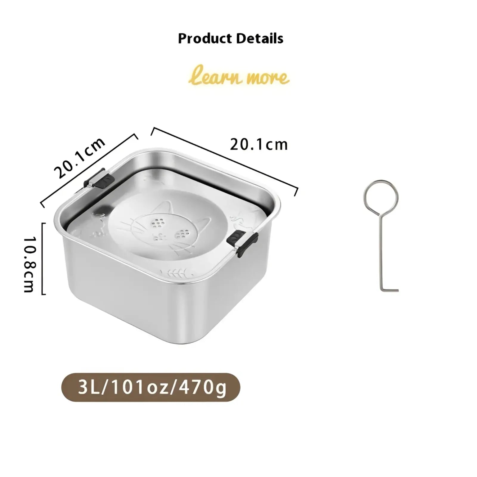 Silver large stainless steel pet water bowl featuring a rectangular design with a cat face and black latches