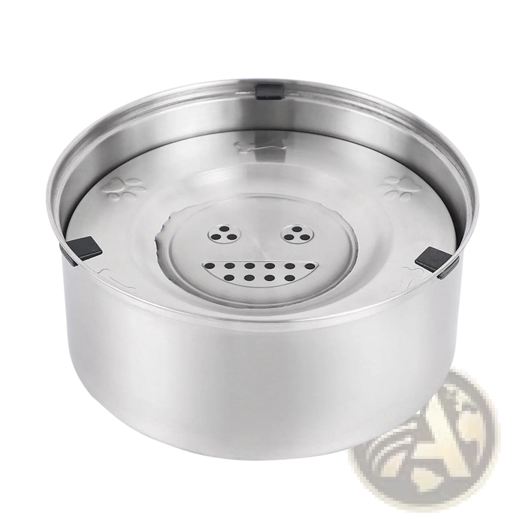 Large stainless steel pet water bowl with smiling face design and paw print patterns for pets hydration