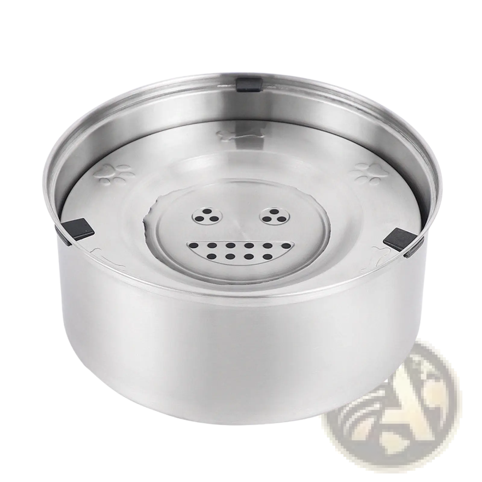 Large stainless steel pet water bowl with smiling face design and paw print patterns for pets hydration