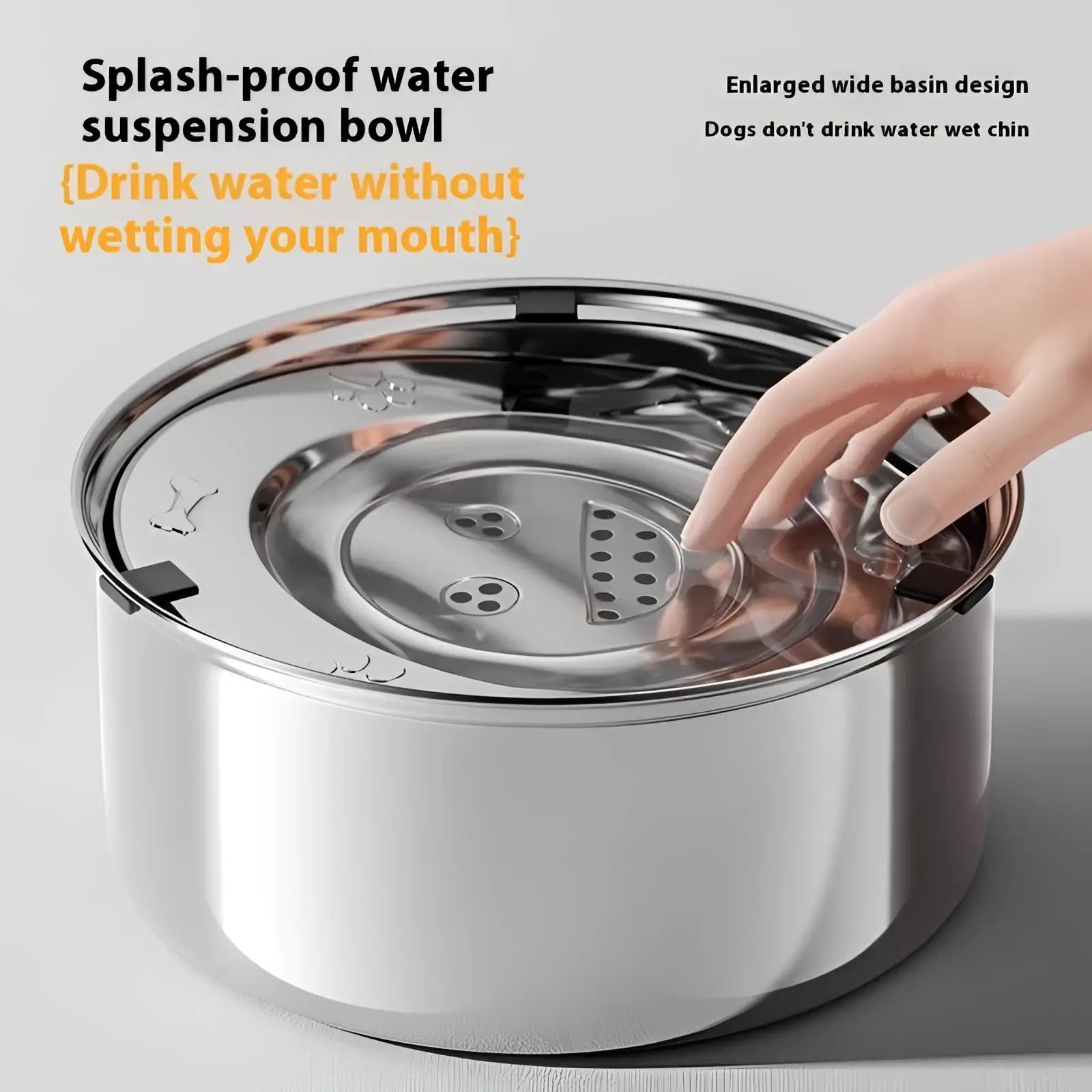 Large stainless steel pet water bowl with shiny splash-proof design and wide basin for dogs to drink without wetting chins