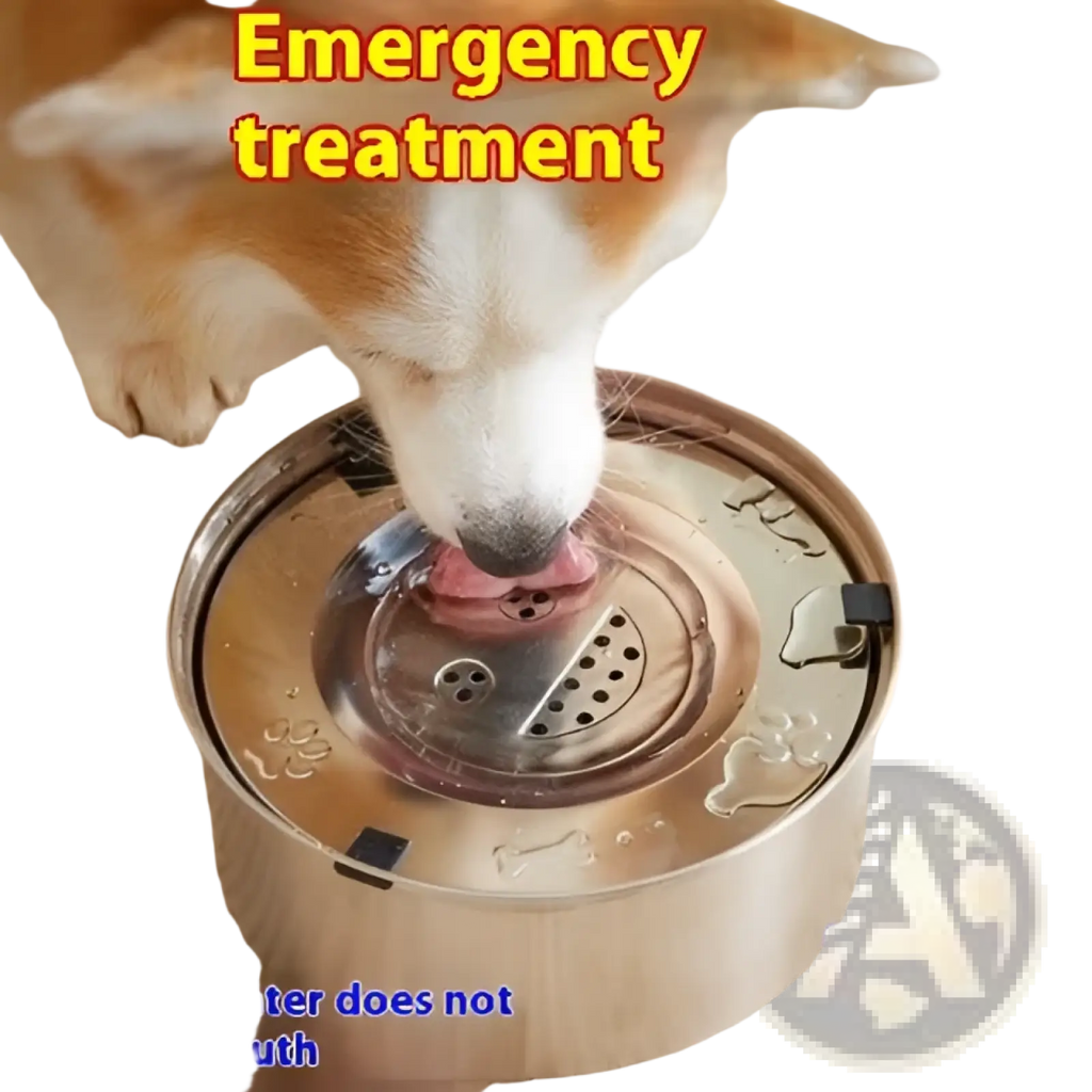 A large stainless steel pet water bowl with a sleek circular design featuring paw print embossing