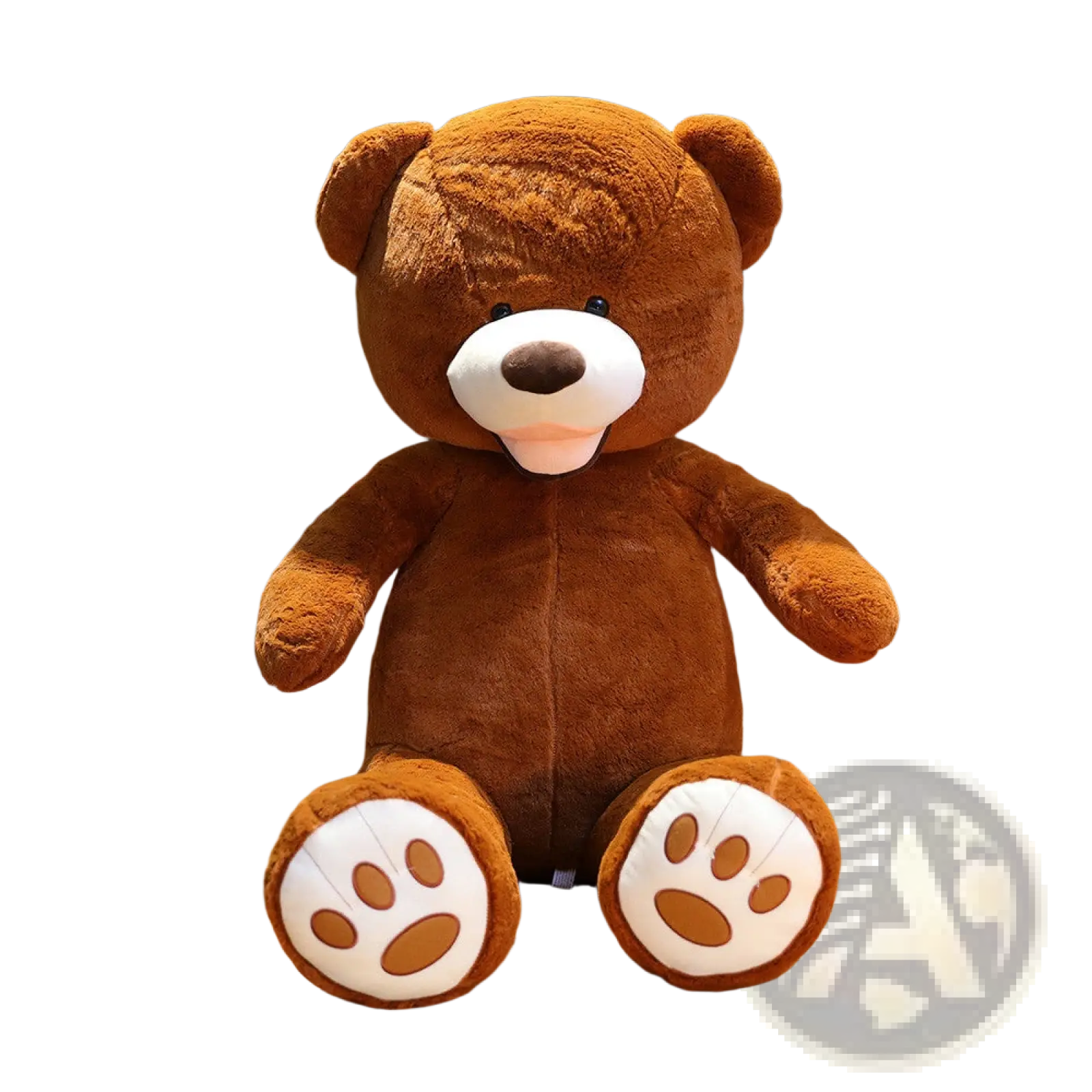 A large plush teddy bear soft velvet 1 meter in brown with white paw pads and stitched nose sitting on wooden floor