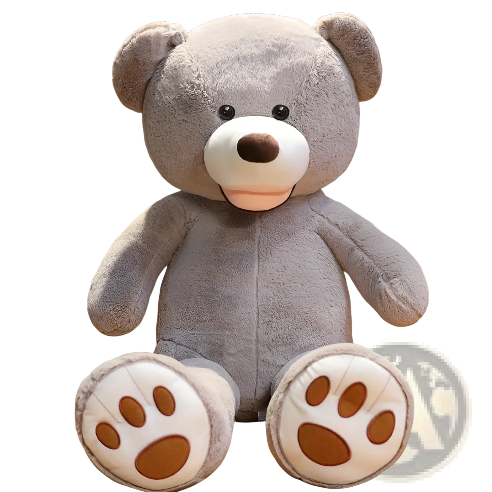 Large teddy bear plush toy with soft velvet texture in gray featuring white snout brown nose and paw pads