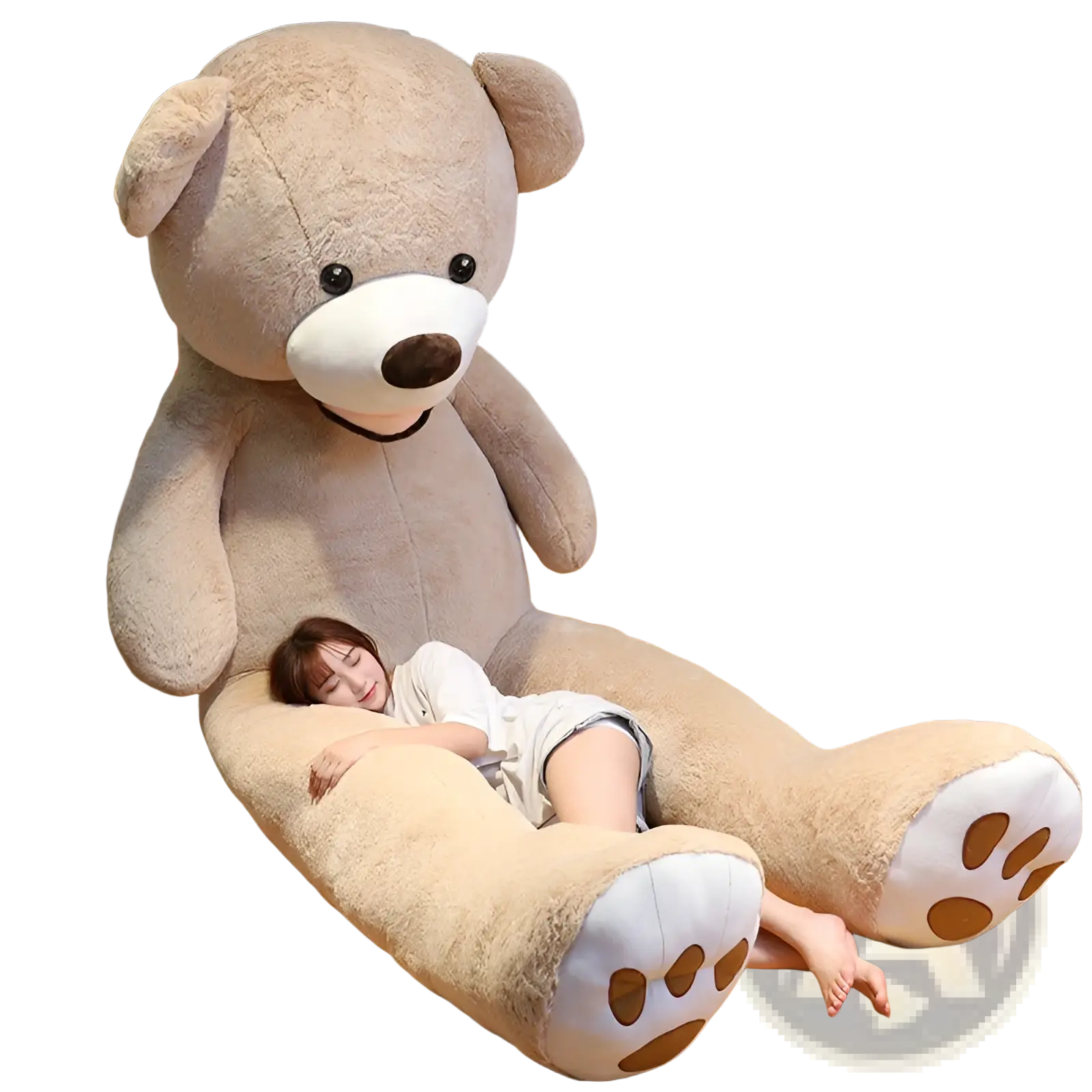 A large teddy bear plush toy in beige with soft velvet fur, white snout, brown nose, and realistic paw pads measuring 1 meter