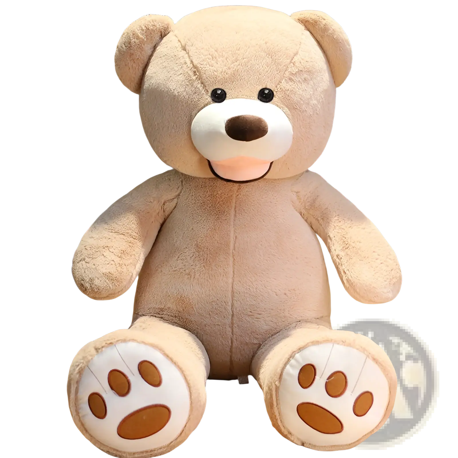 A large beige teddy bear plush toy made of soft velvet with black eyes and brown nose sitting upright on wooden floor
