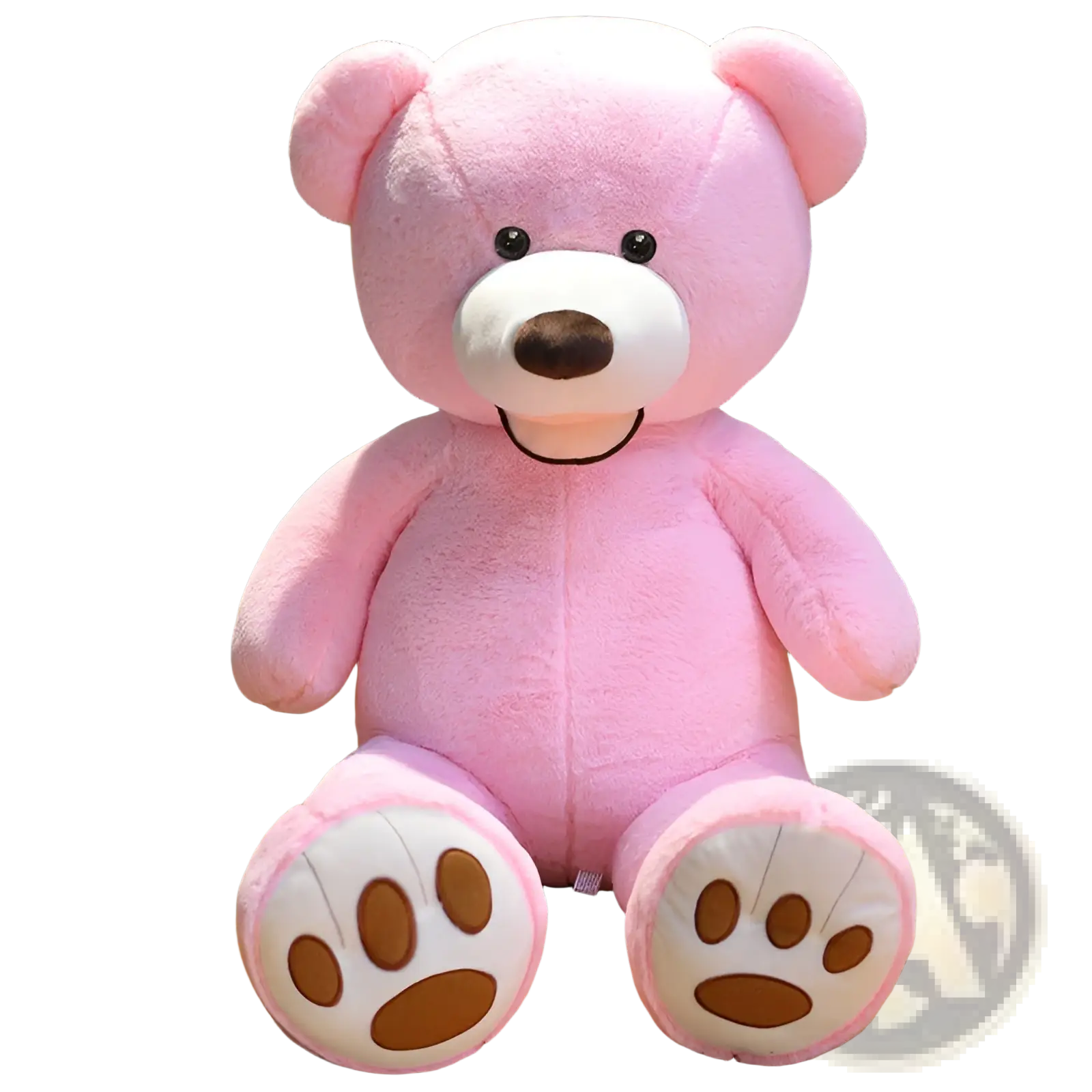 Large teddy bear plush toy soft velvet in pink with white snout and brown nose and paw pads measuring one meter