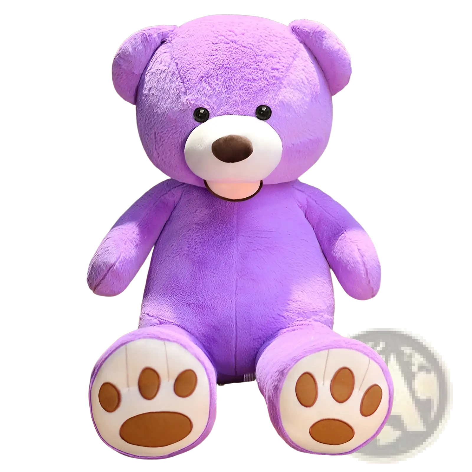 A large plush purple teddy bear soft velvet toy with white paw pads and a brown nose sitting on a wooden floor
