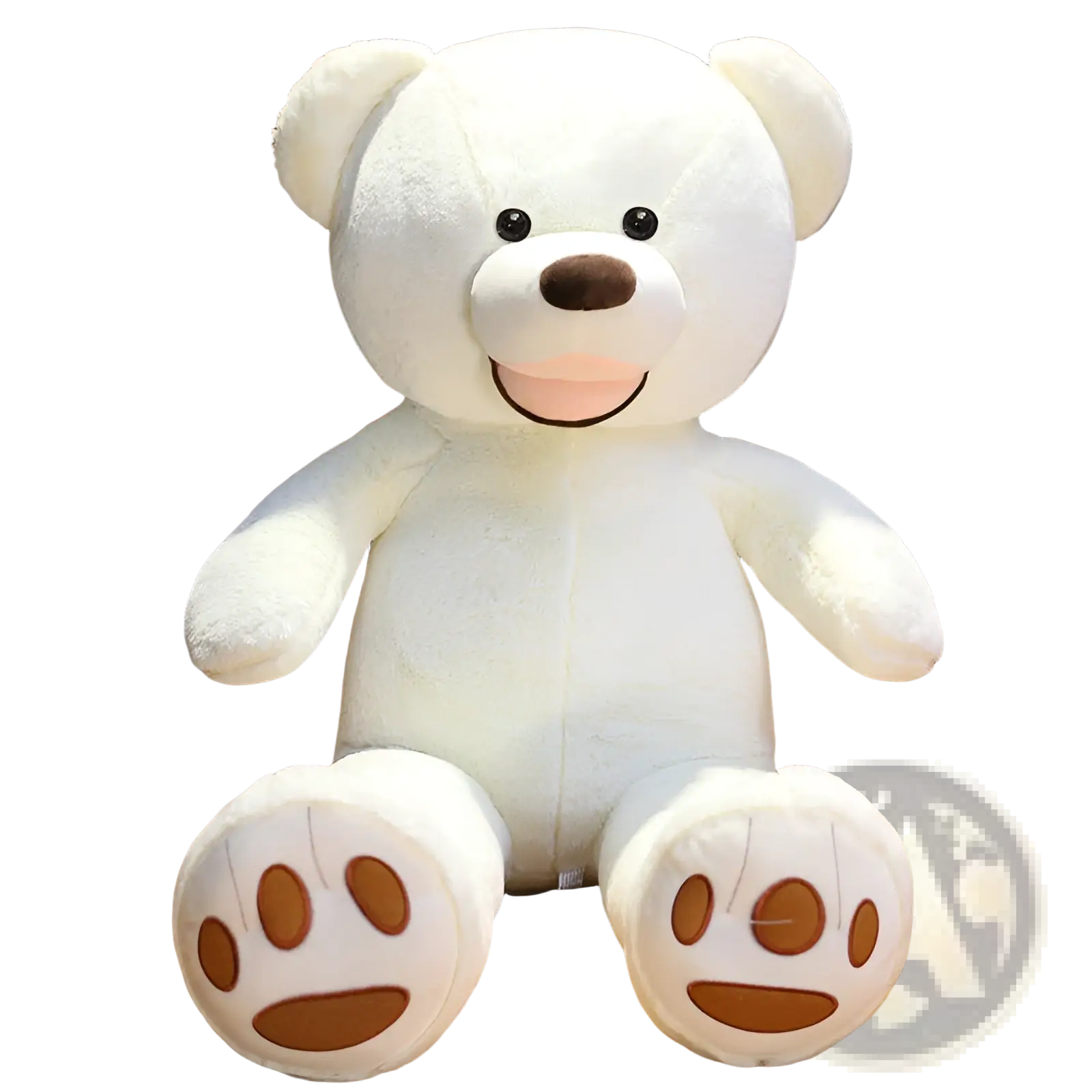 A large white teddy bear plush toy with brown paw prints and a smiling face made of soft velvet measuring 1 meter