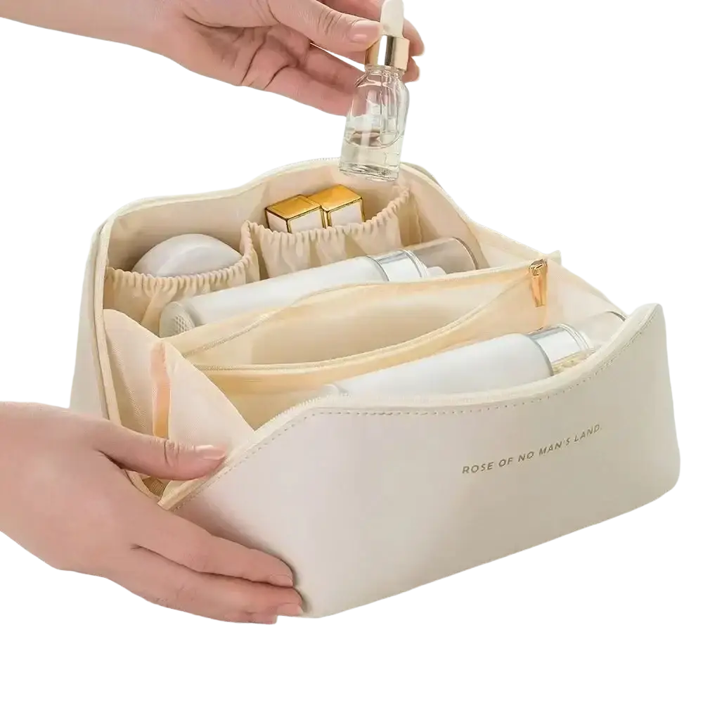 Beige leather large travel makeup bag waterproof toiletry organizer with gold-tone zipper and rose of no mans land embroidery