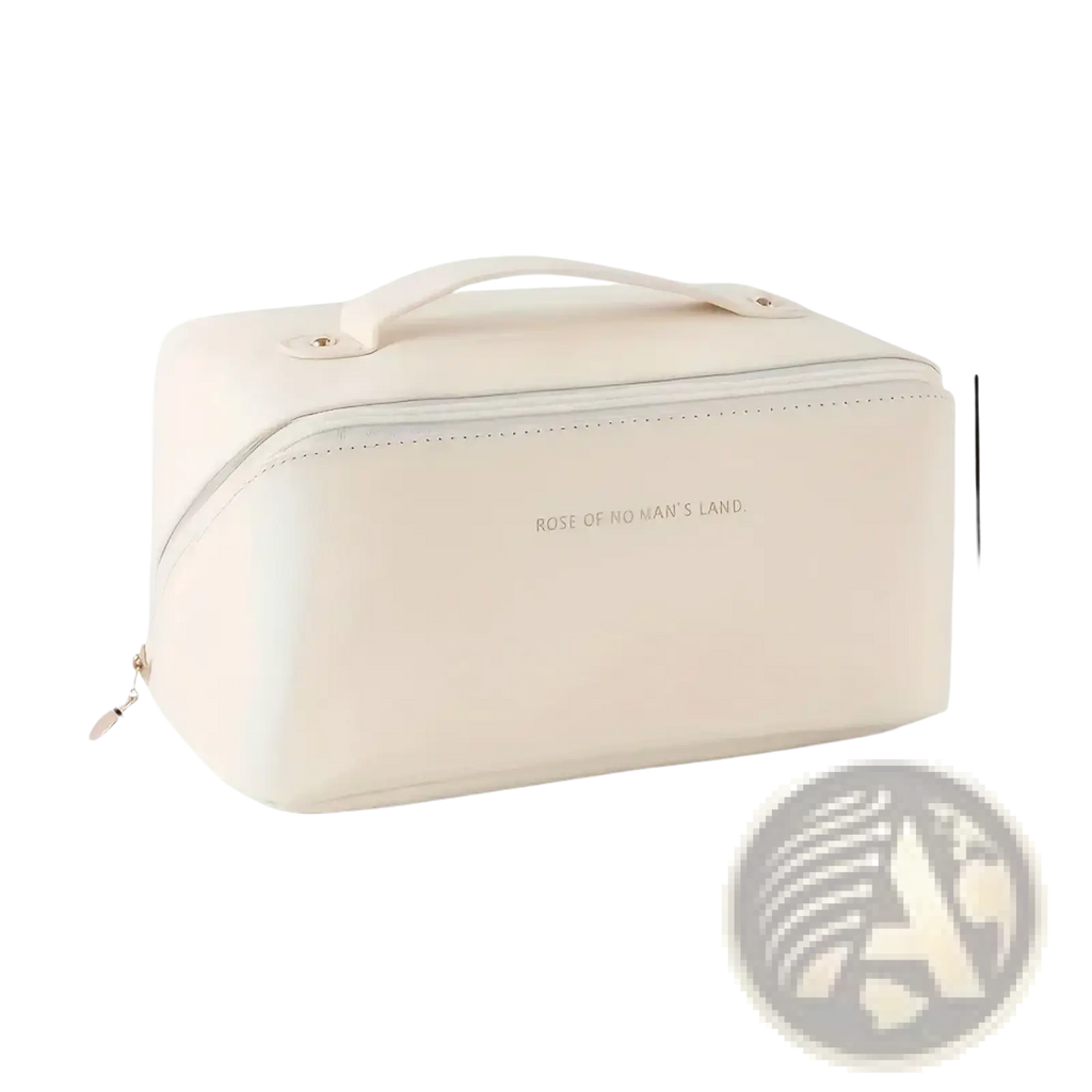 A sleek cream-colored faux leather large travel makeup bag with top handle and subtle stitching details waterproof