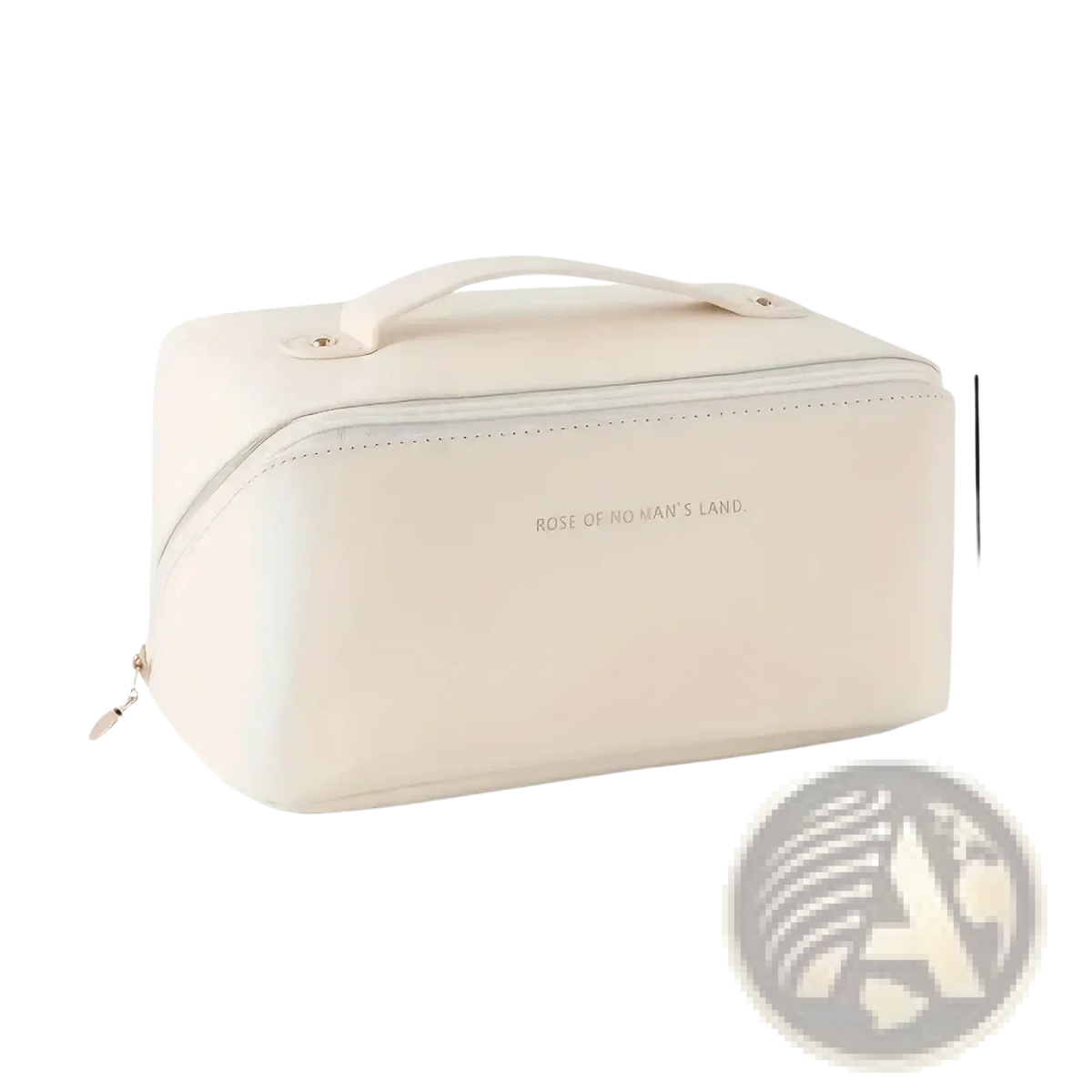 A sleek cream-colored faux leather large travel makeup bag with top handle and subtle stitching details waterproof