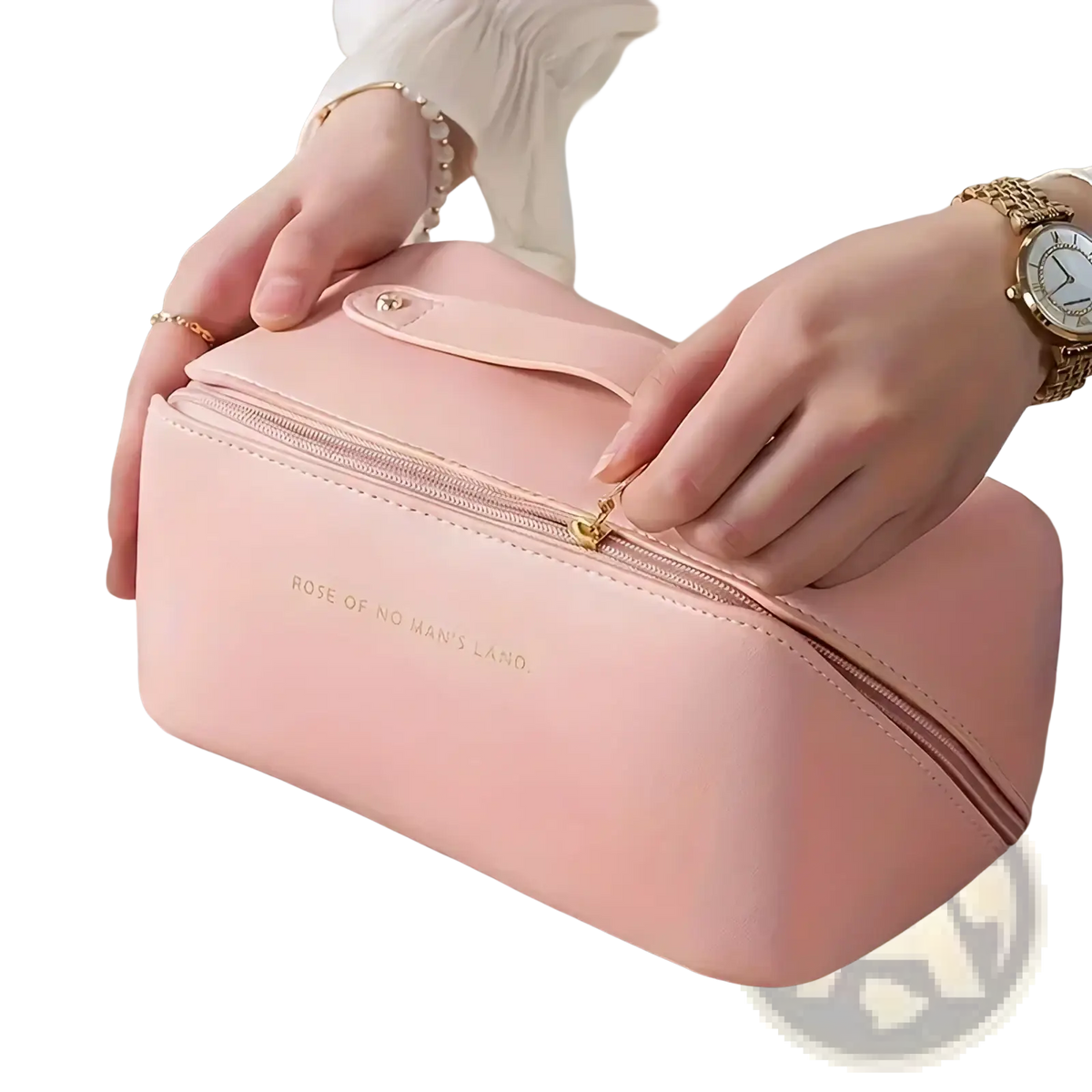 A soft pink large travel makeup bag with waterproof material gold zipper and matching handle for toiletry organization