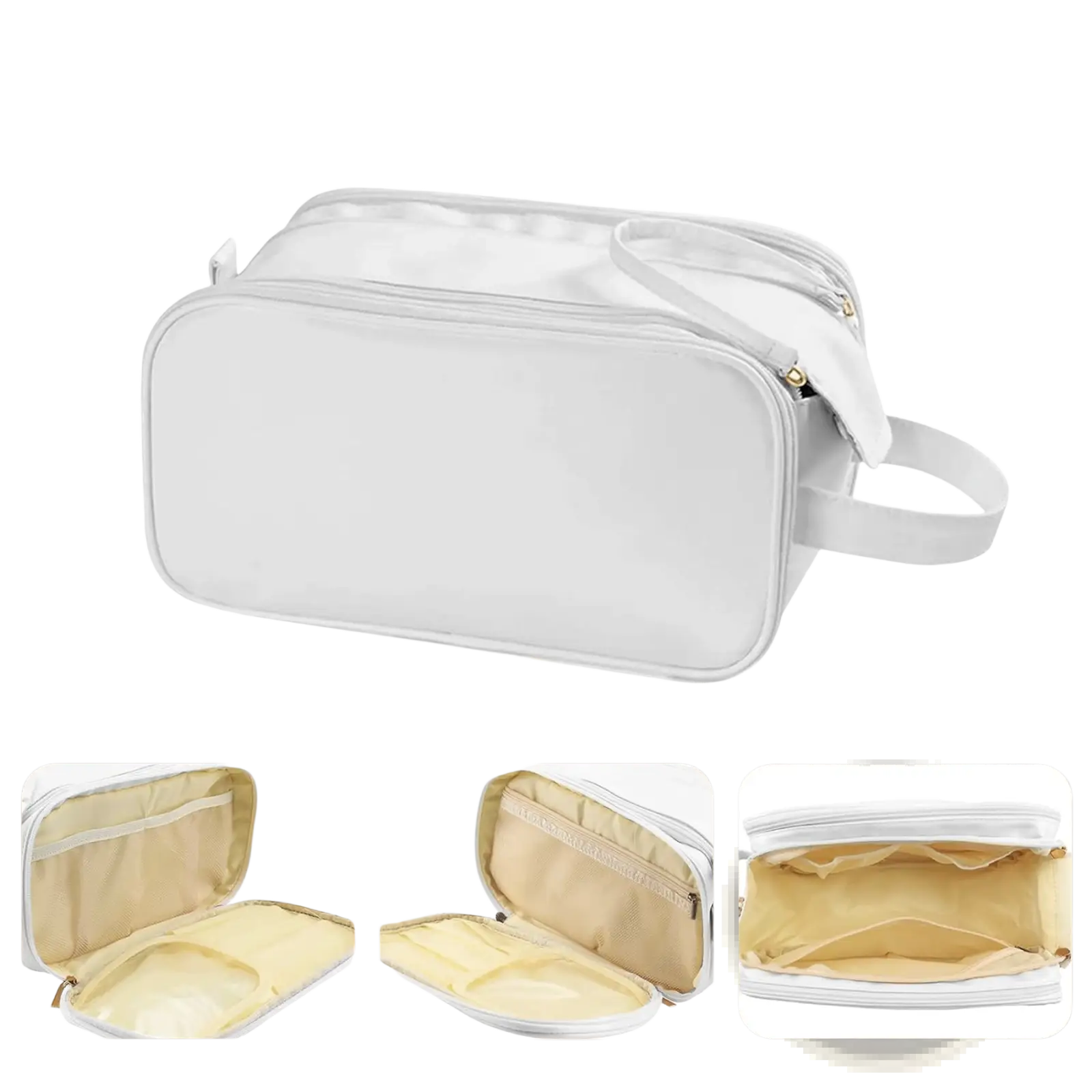 Large clear plastic travel toiletry bag with white zipper and handle for hanging leather makeup storage