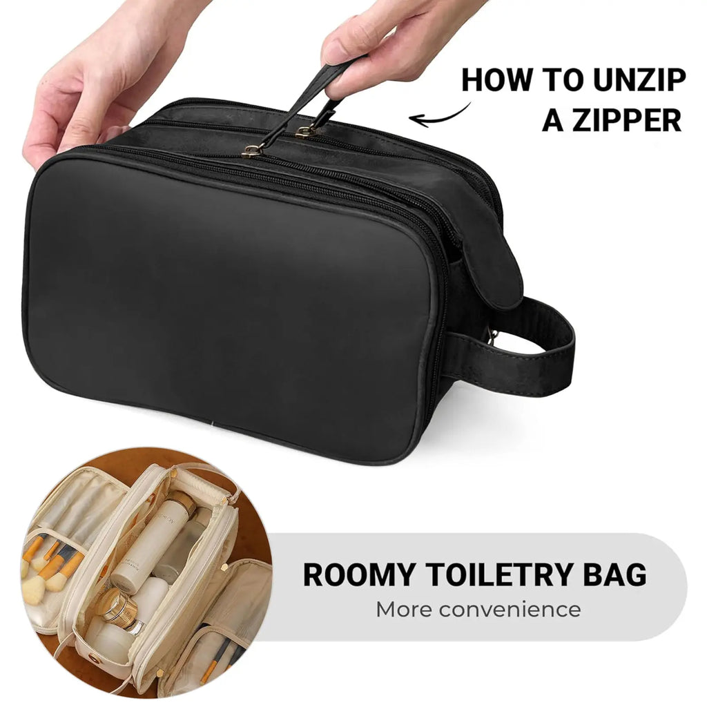 Black nylon large travel toiletry bag with dual zippers and top handle hanging leather makeup case