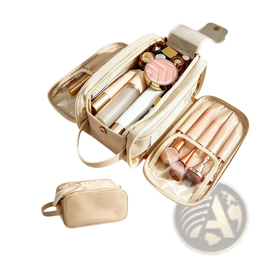 Beige leather large travel toiletry bag with multiple compartments and a detachable handle for makeup organization