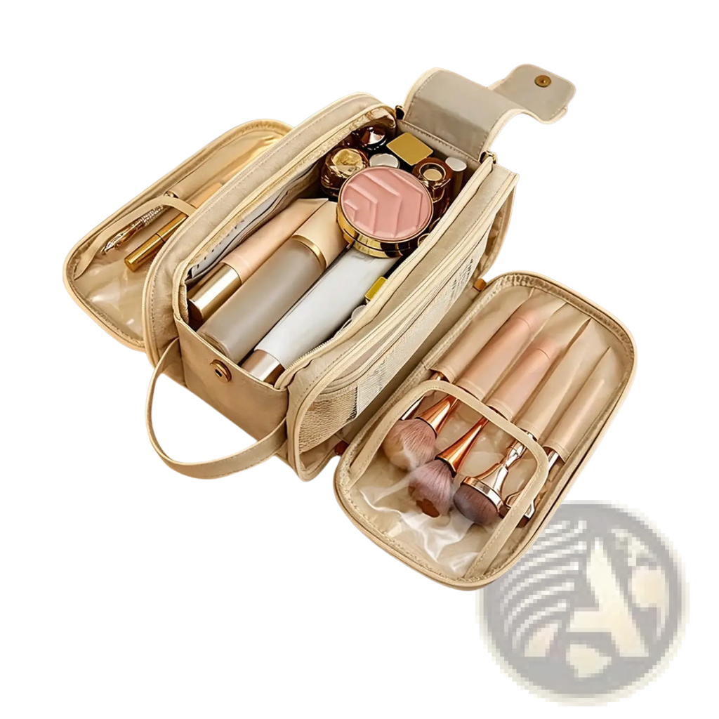 Large travel toiletry bag hanging leather makeup case in beige with transparent compartments and gold tone hardware