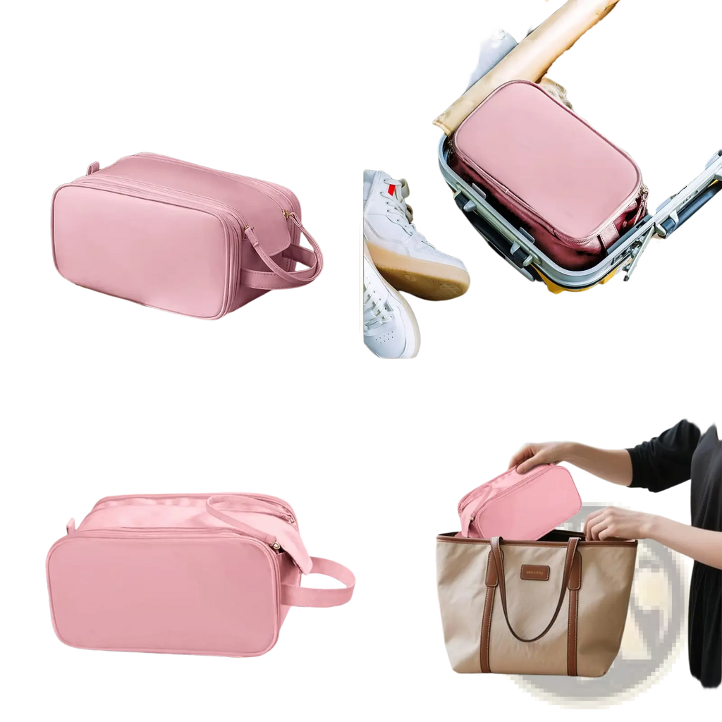 Large travel toiletry bag in pink soft smooth fabric with rectangular shape and matching handle for hanging use