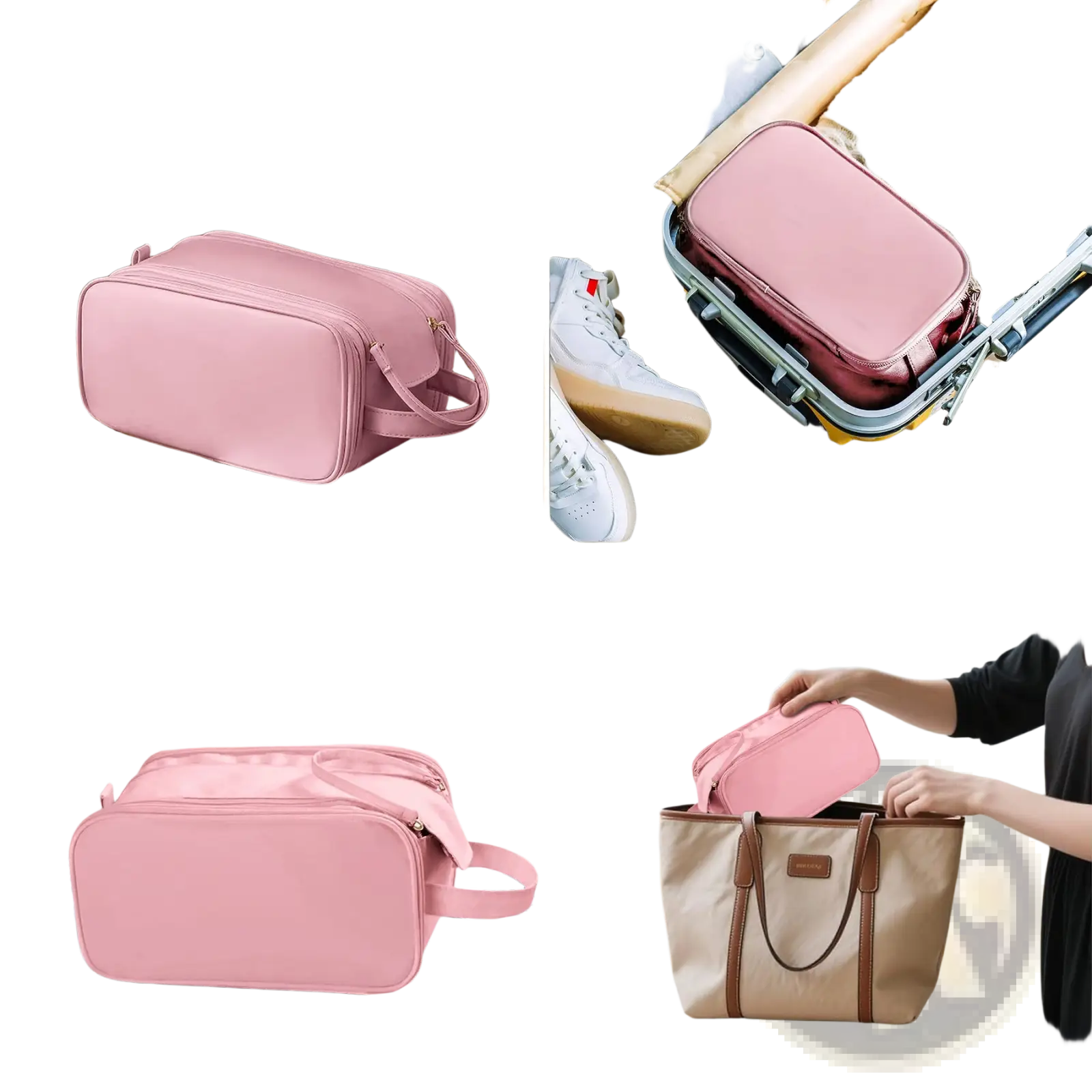 Large travel toiletry bag in pink soft smooth fabric with rectangular shape and matching handle for hanging use