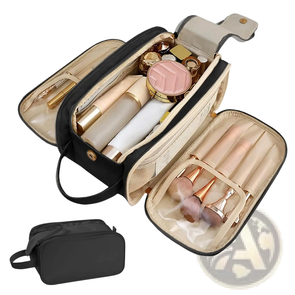 Large travel toiletry bag hanging leather makeup case in black and beige with multiple compartments for brushes and cosmetics