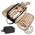 Large travel toiletry bag hanging leather makeup case in black and beige with multiple compartments for brushes and cosmetics