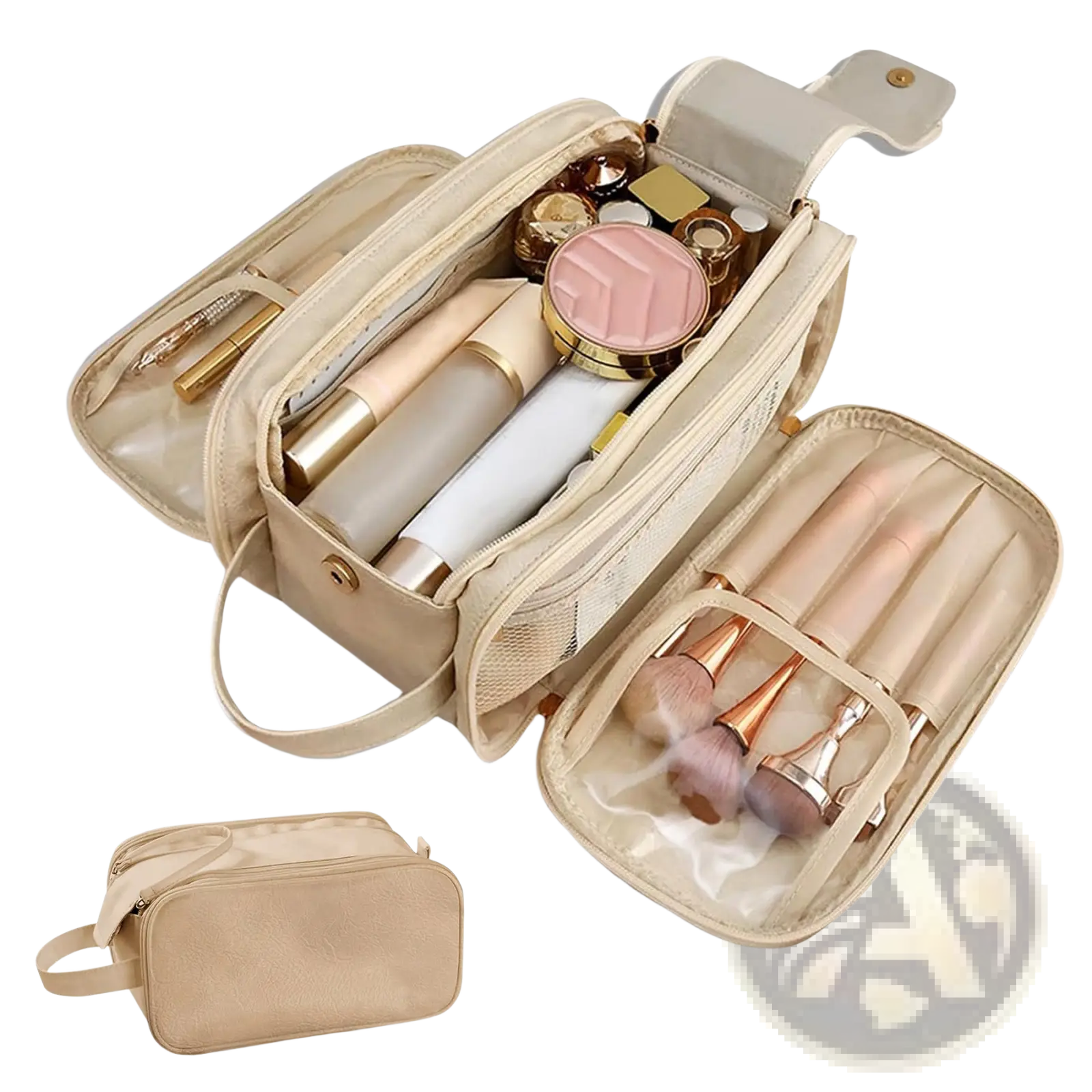 Beige faux leather large travel toiletry bag with mesh compartments and detachable handle for makeup organization