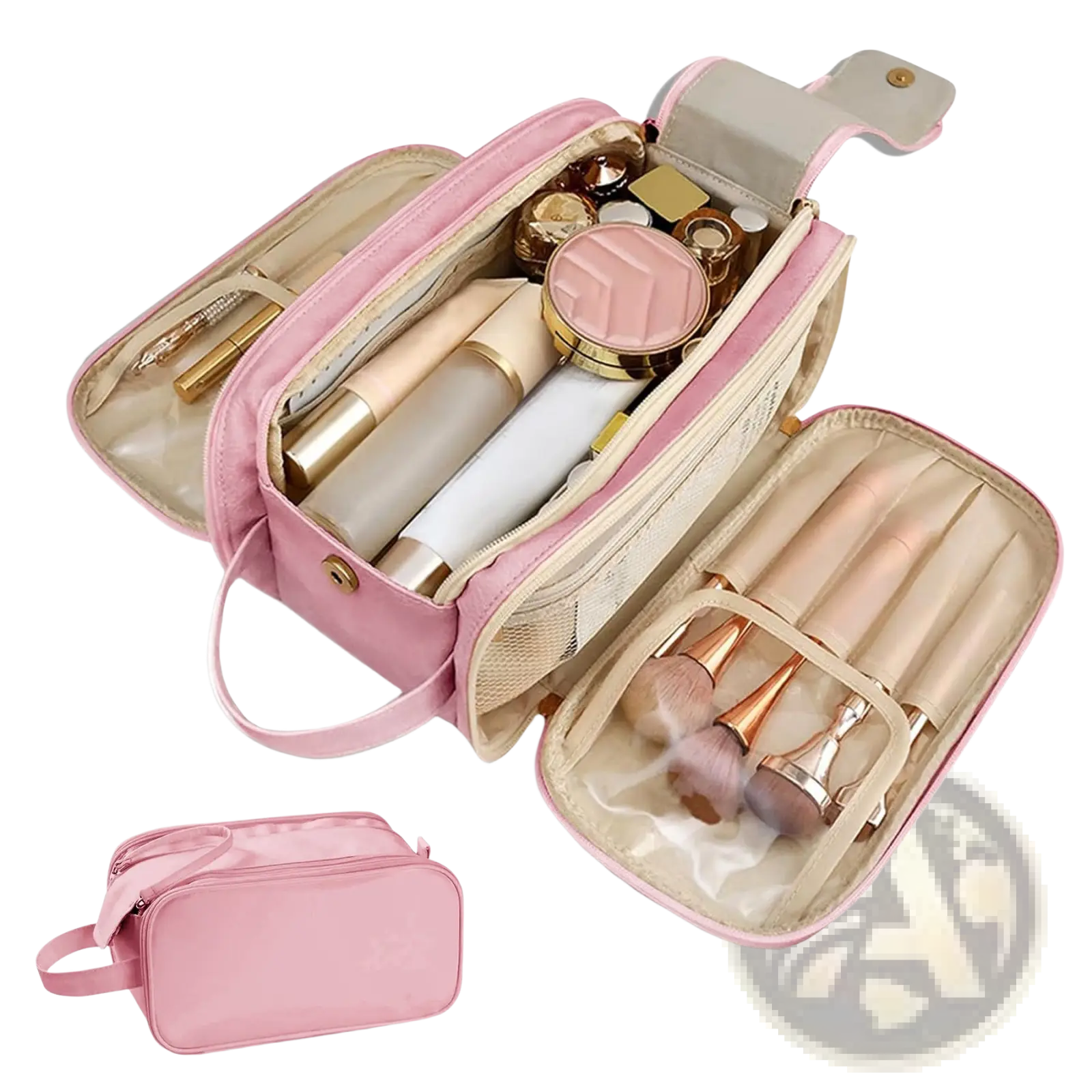 Large travel toiletry bag pink leather makeup case with mesh compartments and gold-tone hardware for organized packing