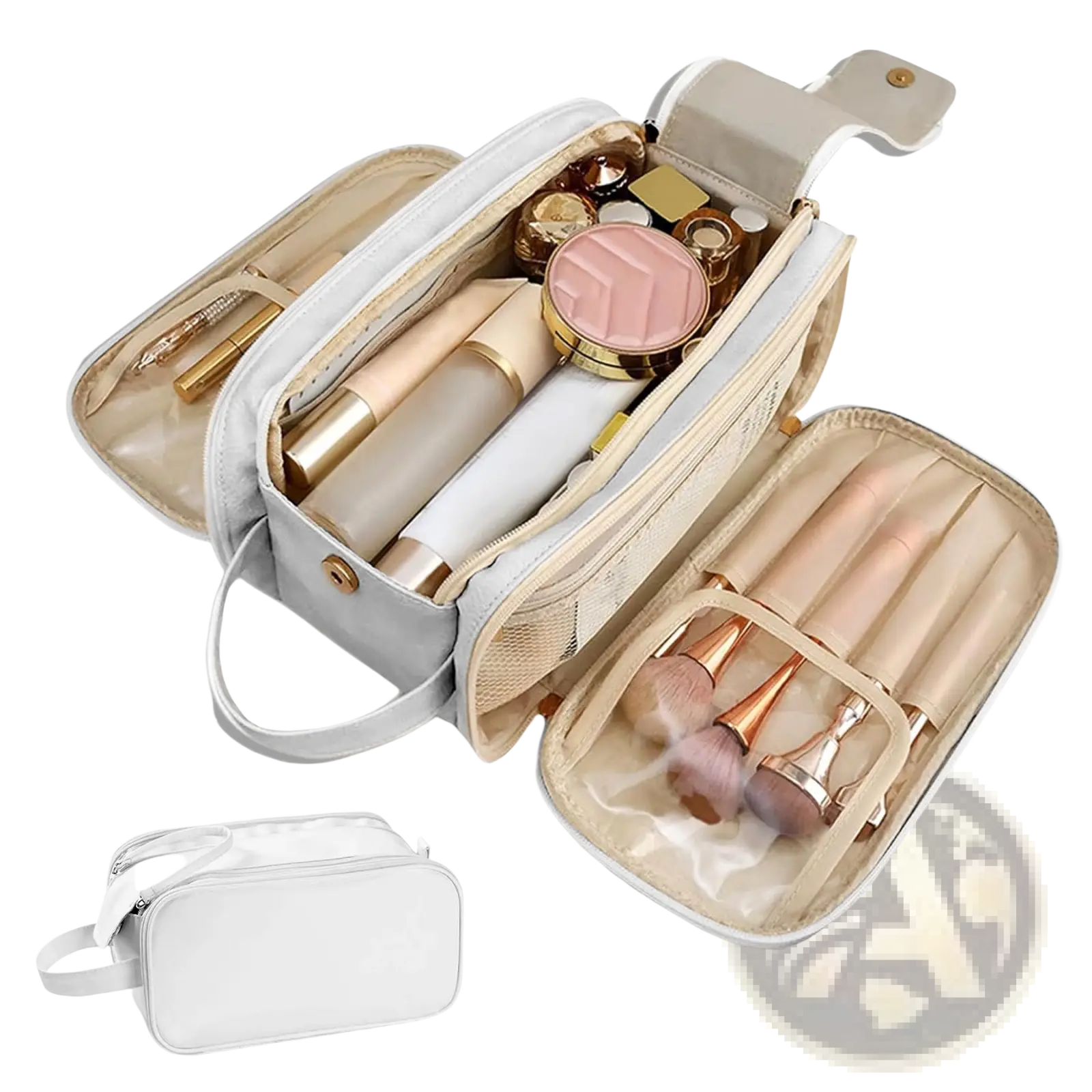 Large travel toiletry bag hanging leather makeup case in silver with beige interior compartments and gold-tone hardware