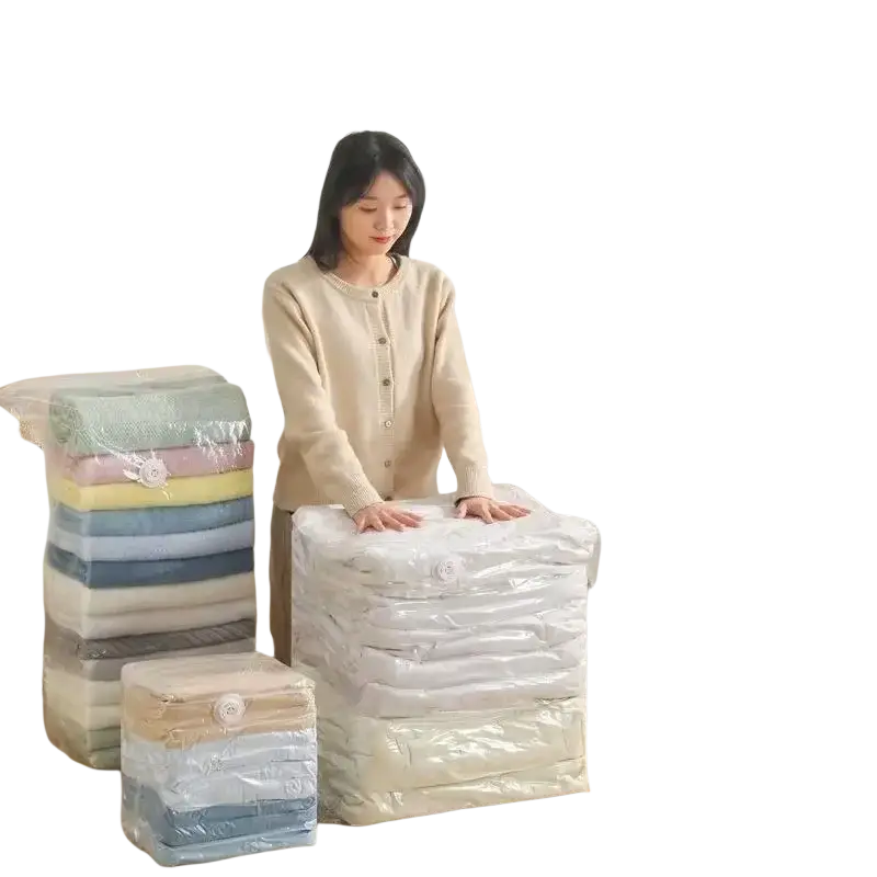 Large vacuum storage bags for clothes and quilts clear plastic with white snap closures for vacuum-sealed storage