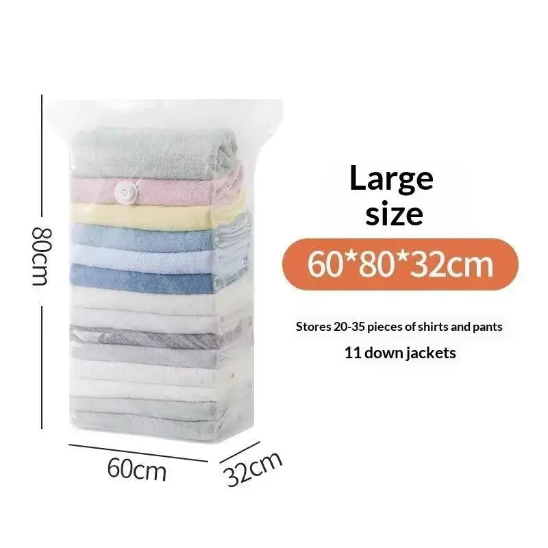 Large clear plastic vacuum storage bag for clothes and quilts with rolled clothing items inside