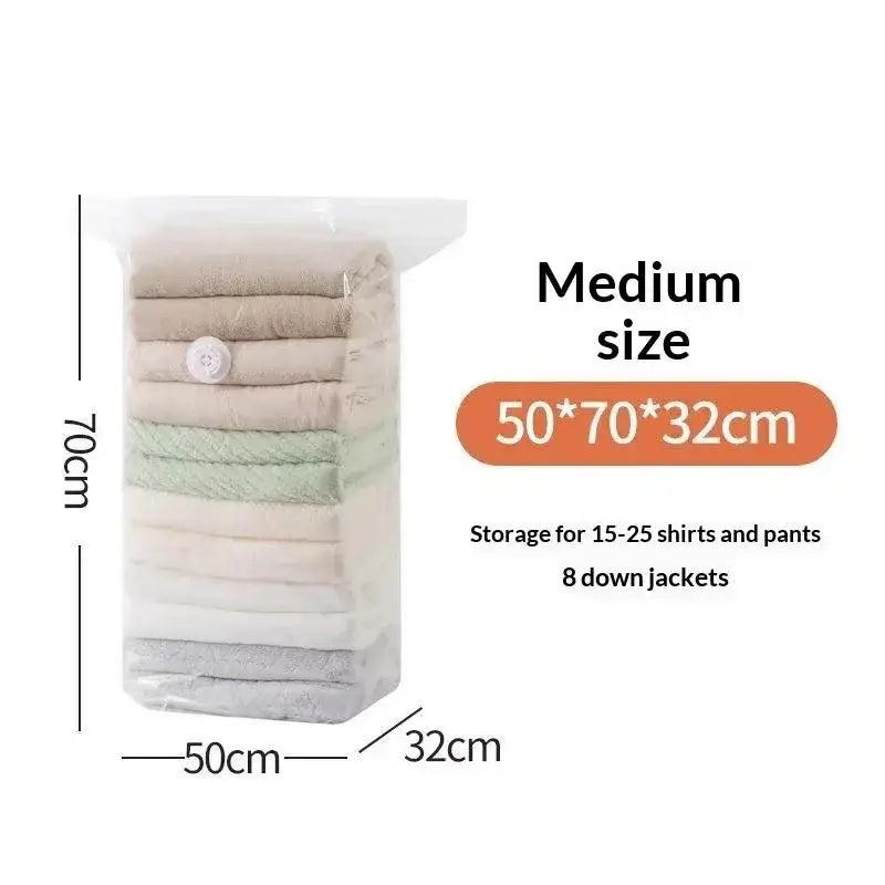 Medium-sized vacuum storage bag with white button closure designed for storing 15-25 shirts and pants or 8 down jackets
