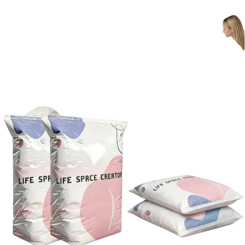 Large vacuum storage bags for clothes and quilts with pink and blue abstract patterns and glossy plastic finish