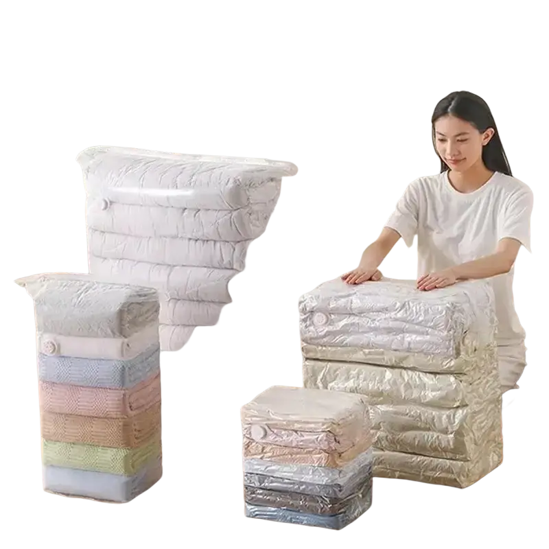 Stacks of transparent vacuum storage bags for clothes and quilts in pastel colors with various fabric textures