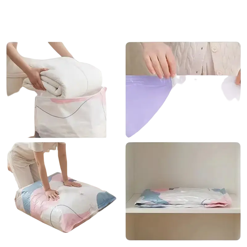 Large transparent plastic vacuum storage bag with pink and blue geometric patterns for clothes and quilts