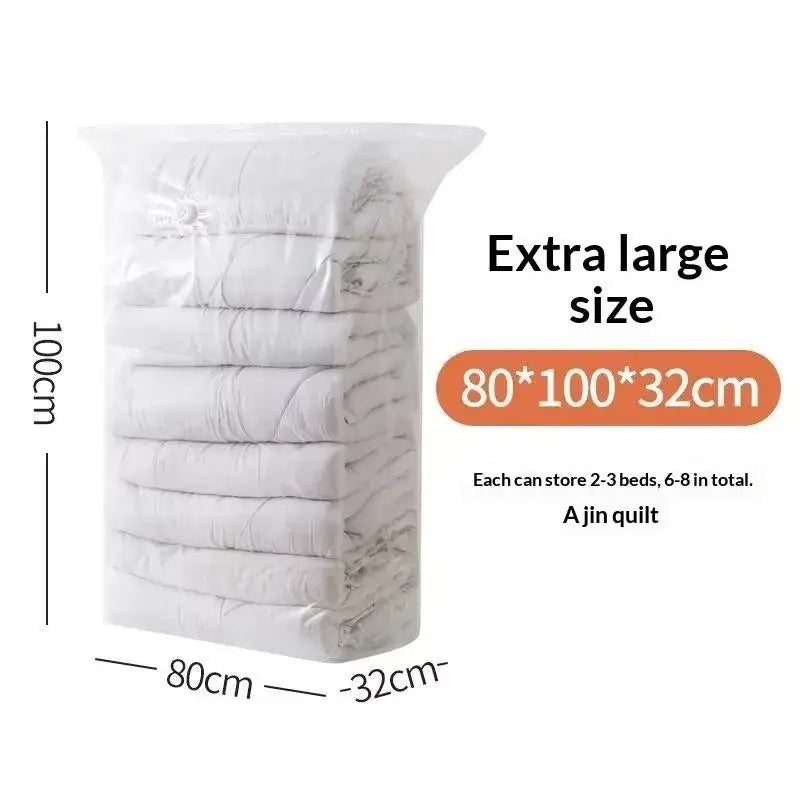 Large transparent plastic vacuum storage bag containing neatly stacked white quilts for clothes and quilts storage