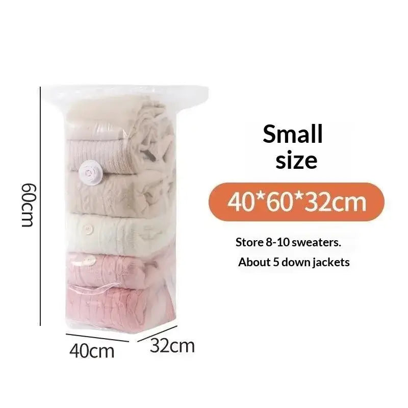 Large transparent vacuum storage bag with white valve for storing folded sweaters and down jackets efficiently